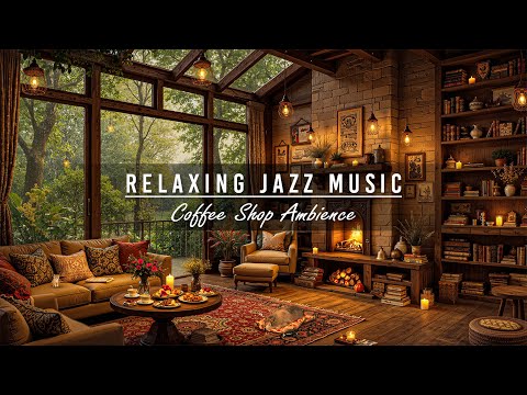 Relaxing Jazz Music 🌧️ Rainy Coffee Shop Ambience in Forest with Crackling Fireplace for Study, Work