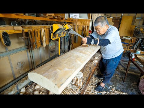 Process of making Japanese harp,Koto. A 81-year-old craftsman who has been making it for 60 years.