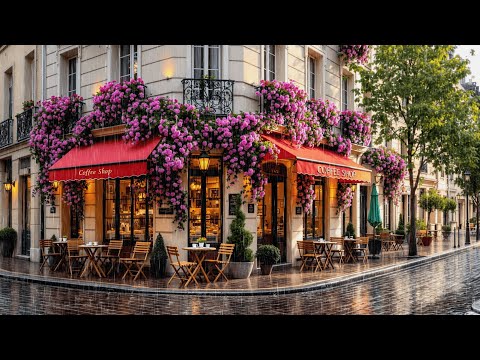 Rainy Spring Coffee Shop Ambience with Smooth Jazz Relaxing Music & Rain Sound to Study, Work, Focus