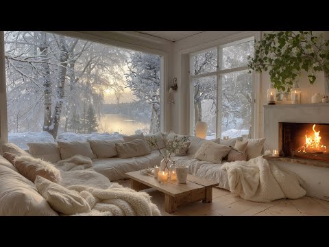 Cozy Lake Cabin in Winter ❆Relaxing Piano, Crackling Fireplace & Falling Snow for Work