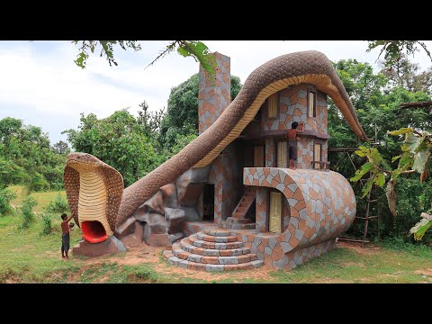 Build most creative snake water slide garden with beautiful mud villa for seclusion in the forest