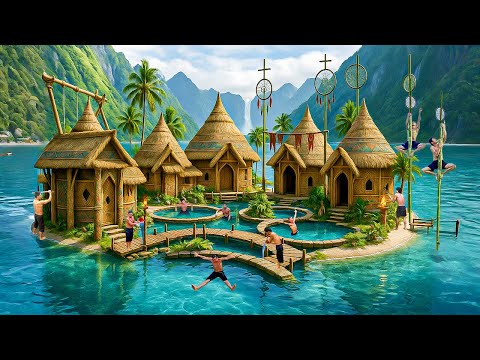 90 Days Building a Massive Floating Island with Tribal Houses and Waterfalls Using Primitive Tools