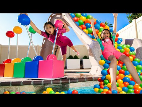 Ellie Charlotte & Eva Banned from the Pool?! Kids Fix the Slide with Silly Challenges!