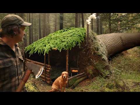 Secret Survival Shelter Under A Tree | Wilderness Cabin Project Using Hand Tools | Axe