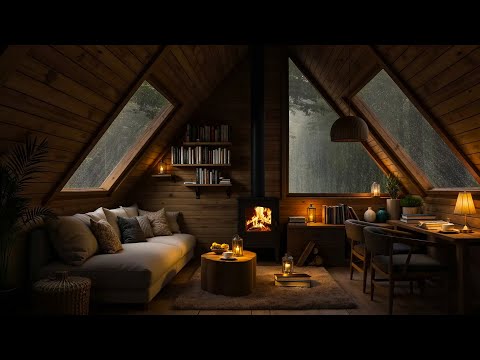 Cozy Getaway Wooden Cabin w/ Fireplace | Relaxing Jazz, Rain &amp; Fireplace Sounds to Stabilize Mood