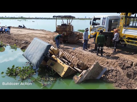 Incredible Recovery Bulldozer Sink into Deep lake by Komatsu D31P Dozer & Crane