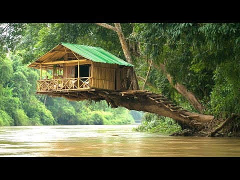 Building a Treehouse Big Riverbank Tree to Escape Rising Floodwaters | Skills Survival & Bushcraft