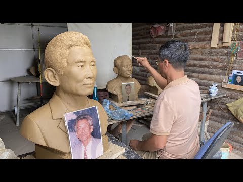 The Process of Sculpting a Perfect Clay Head From a Memorial Photo. Vietnamese Sculptor Master