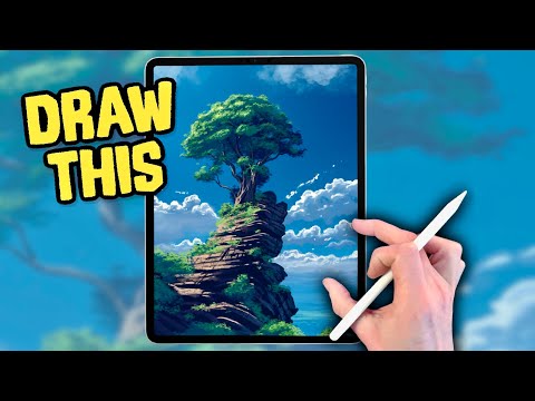 PROCREATE Landscape DRAWING Tutorial in Easy STEPS - Tree on Rocks
