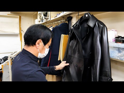 Process of making custom made long leather coat. Korean skilled tailor