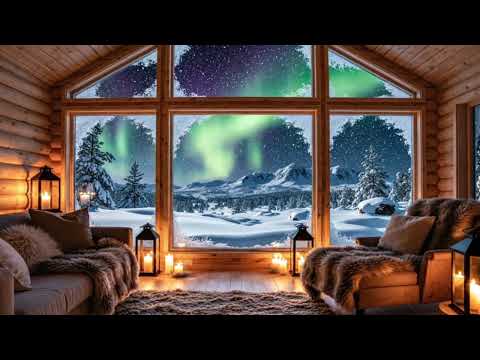Northern Lights Window View | Cozy Winter Lodge Ambience + Chill Arctic Jazz  (3 Hours)