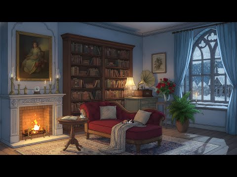 It's Winter Cozy Night in 1945s with  Soft Oldies Playing in Another Room (fireplace & wind sounds)