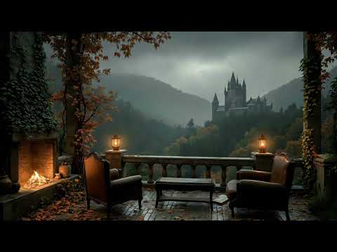 Foggy Autumn Balcony by the Castle | Rain, Fireplace & Some Dark Academia Piano for Relaxing