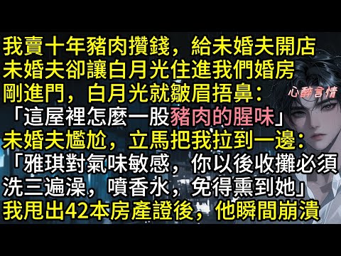 靜妤賣豬肉十年，攢錢替未婚夫陳紹峰開店，白月光一回國就住進婚房，還捂鼻嗆：「這屋怎麼有豬腥？」他轉頭命令我：「洗三遍澡」可他不知道，我有42本房產證 #爽文 #完結文 #言情 #追妻火葬場 #有聲書