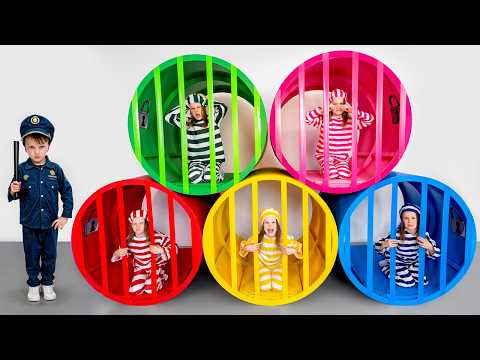 Child police officers play games and try to catch five little thieves.