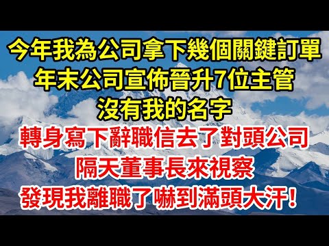 今年我為公司拿下幾個關鍵訂單，年末公司宣佈晉升7位主管，沒有我的名字，我轉身寫下辭職信去了對頭公司，隔天董事長來視察，發現我離職了嚇到滿頭大汗！#正能量 #故事分享 #故事頻道 #情感