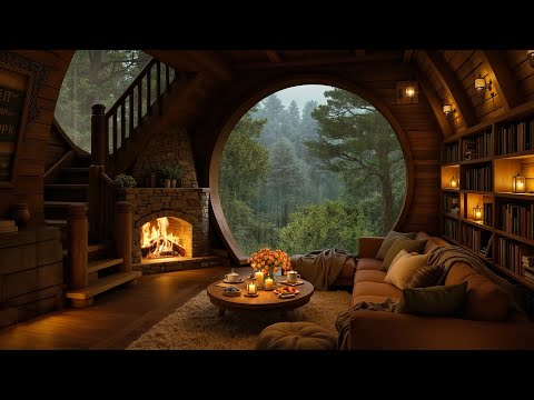 Crackling Fireplace in Cozy Forest Cabin | Relaxing Jazz & Rain Sounds Outside for Stress Relief
