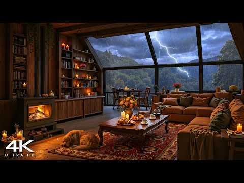 [4K] Late Night in Wooden Rustic Cabin 🌧️ Soft Piano Jazz with Rain Sounds & Thunder for Sleeping