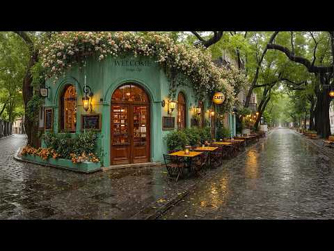 Peaceful Rainy Café Street Corner with Relaxing Jazz Playlist 🌧️ Rainy Sounds for Work & Deep Focus☕