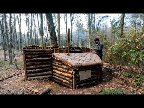 Building a Hidden Log Cabin Shelter in the Forest – Bushcraft Survival Overnight