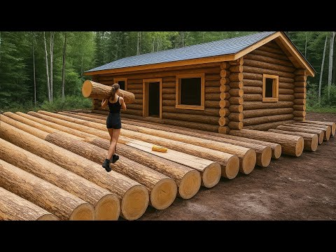 Journey build Wooden House in the middle wild forest, The girl carries whole forest on her shoulders