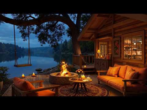 Lakeside Cabin on a Peaceful Night - Soft Jazz Music & Campfire Sounds for Deep Relaxation