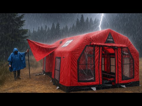 ⚡️Camping in Heavy Rain with Our New Inflatable Tent