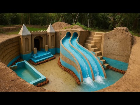 155 Days Challenge of Building Water Slide Park in Underground Pool from Primitive Jungle Lifeskills