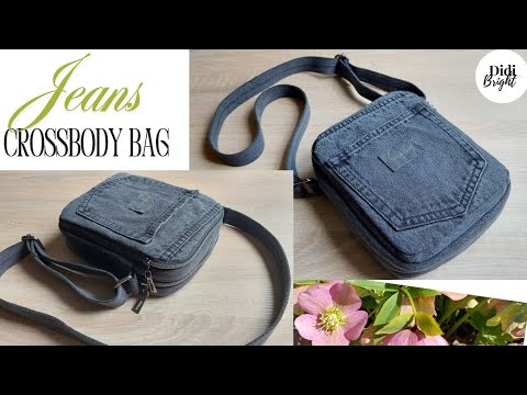 DIY Two-Zipper Jeans Crossbody Bag with pockets. Denim Bag Sewing Tutorial.