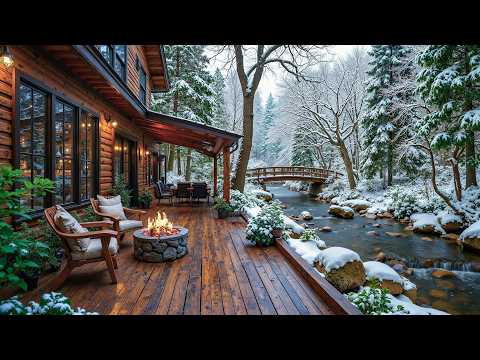 Late Winter Snow ❄️🌺 Early Spring Birdsong | Relaxing Piano Music with Campfire Lakeside Cabin