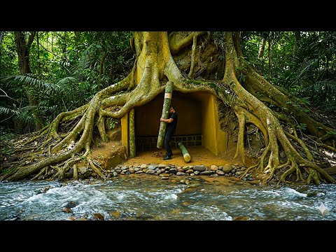 50 Days of Chiseling Rocks to Build an Underground House Under a Giant Tree. Survival Camping Alone
