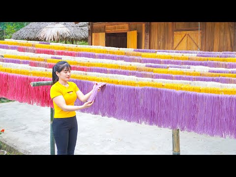 How To Make Colorful Rice Noodles: Soak Rice in Colored Water, Grind Rice, Press Noodles
