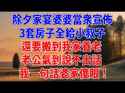 除夕家宴婆婆當衆宣佈，3套房子全給小叔子。還要搬到我家養老，老公氣到說不出話，我一句話婆家傻眼！#為人處世#經驗#情感故事#戀愛#情感#婚姻#人生感悟