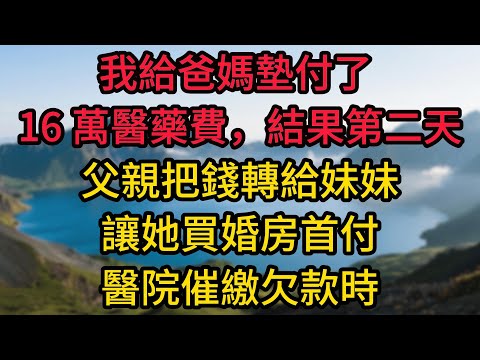 我給爸媽墊付了 16 萬醫藥費，結果第二天父親把錢轉給妹妹，讓她買婚房首付。醫院催繳欠款時，我淡淡地說：誰拿走了救命錢，你就去找誰