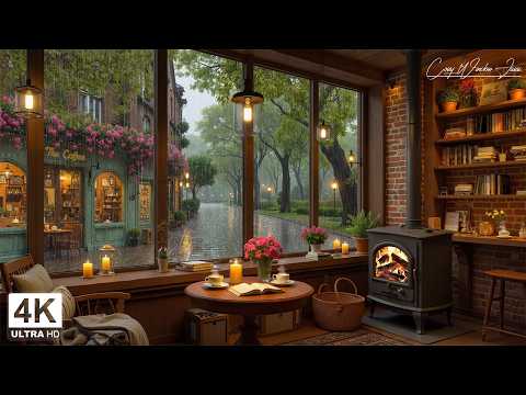 Rainy Flower Coffee Shop Jazz ☕ Background Jazz Music & Fireplace Sounds for Cozy Evenings