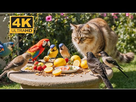 Cat TV for Cats Home Alone 😺 Squirrels and birds feast as one