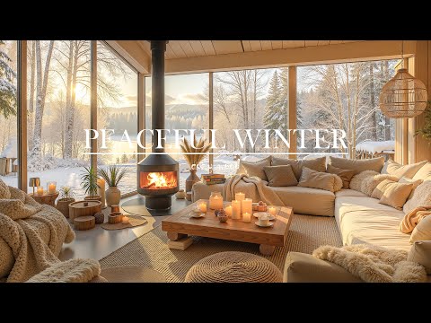 Warm Winter Jazz Retreat ❄️ Sunlit Cabin Living Room by the Forest Lake | Fireplace Morning Calm