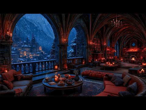 Cozy Gothic Cafe in Winter❄️Fireplace & Snowfall Ambience | Dark Academia Piano Music for Reading