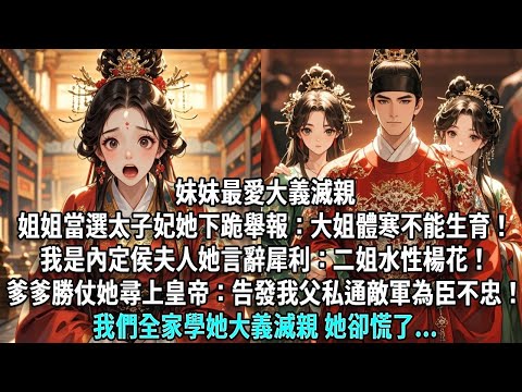 妹妹最愛大義滅親。姐姐當選太子妃，她舉報：大姐有體寒不能生育！我是內定侯夫人，她言辭犀利：二姐水性楊花！爹爹勝仗歸來，她尋上皇帝：臣女告發我父私通敵軍，為臣不忠！我學她大義滅親，她慌了