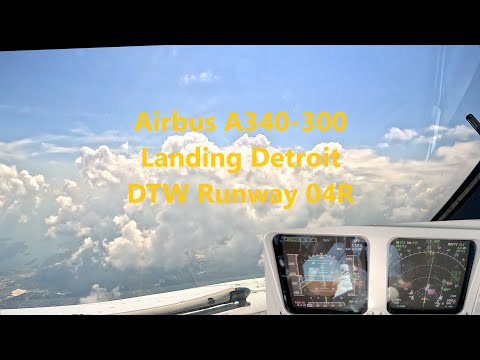 Airbus A340-300 landing Detroit DTW runway 04R - pilot view - CaptainPadde