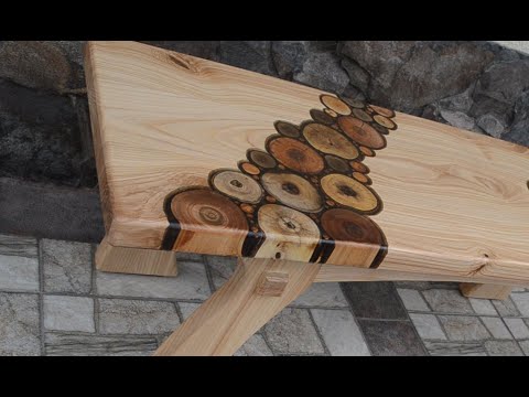 Ash wood bench with fruit trees branches inlay