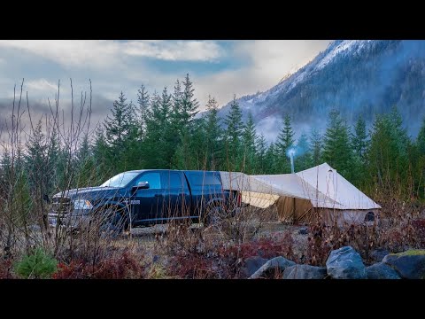A Cold and Rainy Night of Bell Tent Truck Camping | Relaxing ASMR | Sounds of Nature and Camping