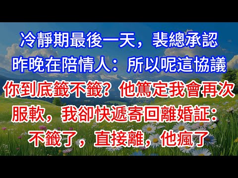 【完結】冷靜期最後一天，裴總承認昨晚在陪情人：所以呢這協議你到底籤不籤？他篤定我會再次服軟，我卻快遞寄回離婚証：不籤了，直接離，他瘋了