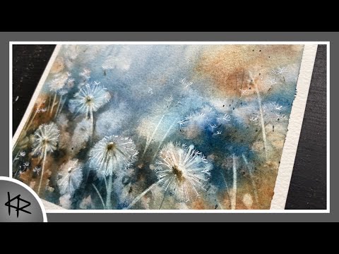 WATERCOLOR abstract floral painting - reverse stenciling & white dip pen - 300