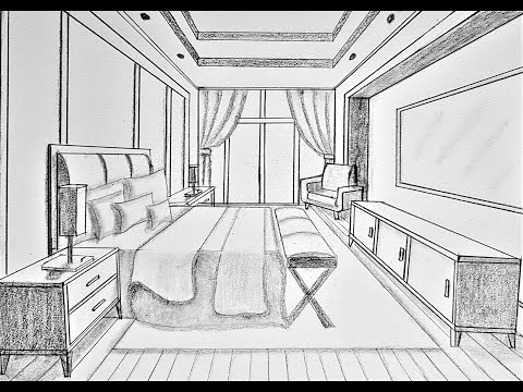 How to draw a bedroom in one point perspective