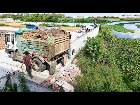 First Starting Move On Stones Task! Skill KOMATSU Bulldozer Push Mix Rocks Filling Lake With Trucks