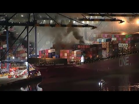 Crews battle container ship fire at Port of LA