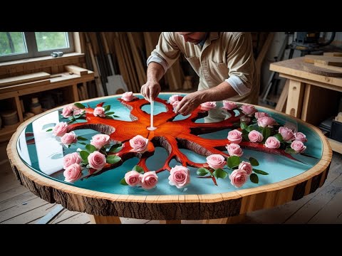Pouring Epoxy Over a Tree Root Slab Surrounded by Roses – The Table Looks Unreal!
