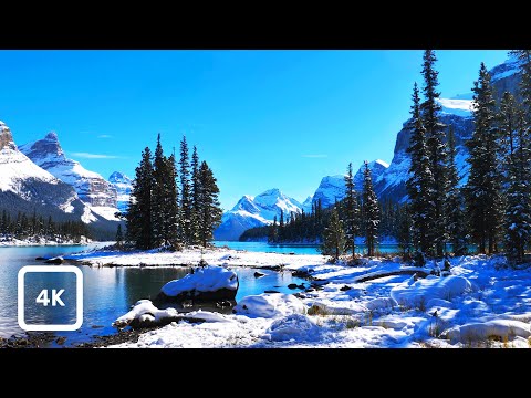 Maligne Lake Winter Ambience at Spirit Island | Canadian Rockies Lakeshore | Relaxing Nature Sounds