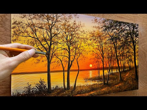 Draw a sunset scene / Acrylic landscape painting / Art paintings / A Lu Art.